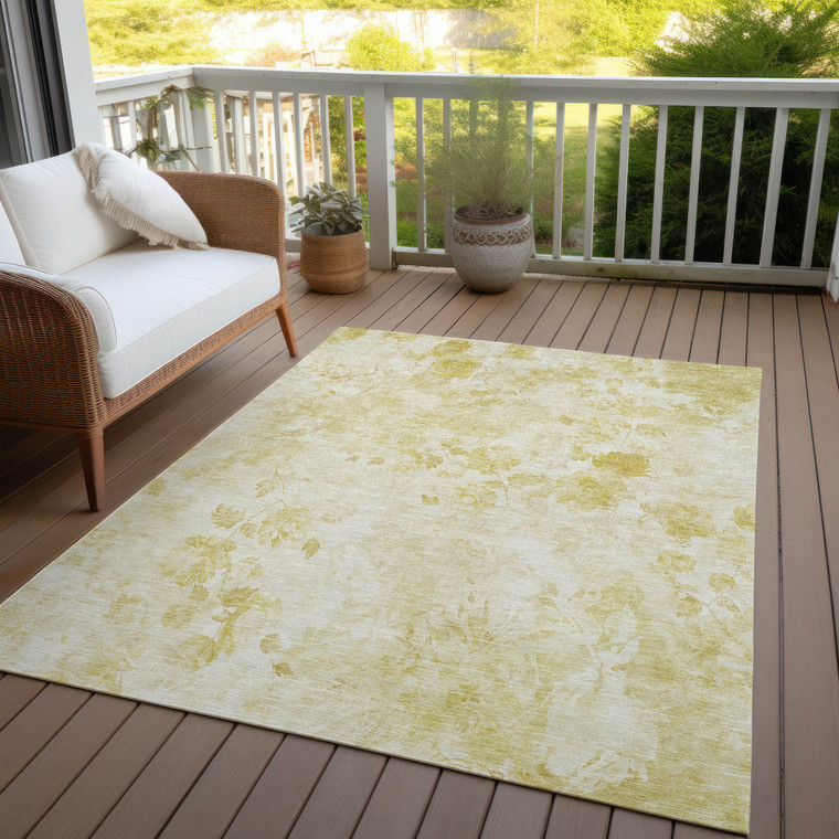 10' X 14' Gold Wheat And Ivory Floral Washable Indoor Outdoor Area Rug