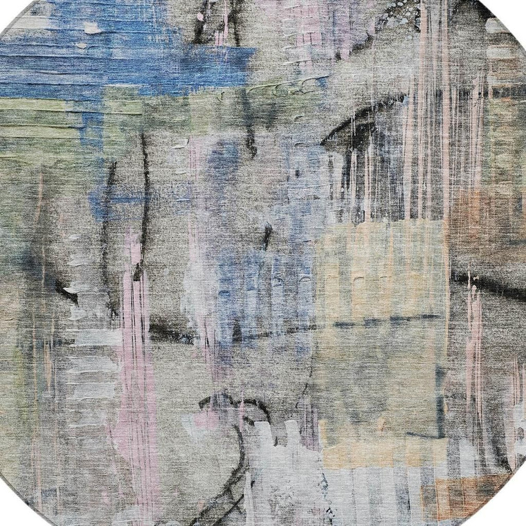 8' Blue Black And Copper Round Abstract Washable Indoor Outdoor Area Rug