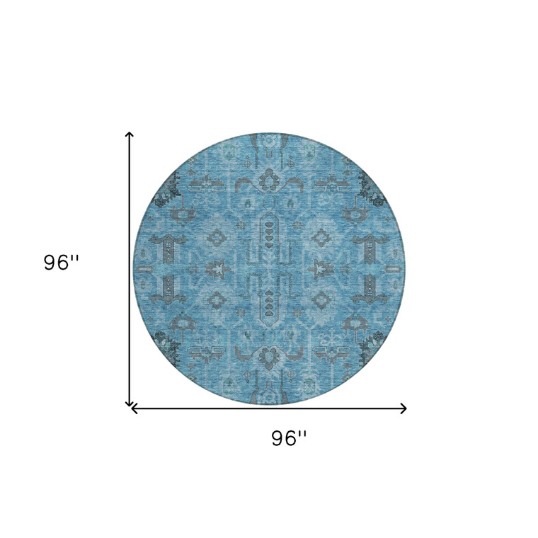 8' Sky Blue And Gray Round Oriental Washable Indoor Outdoor Area Rug