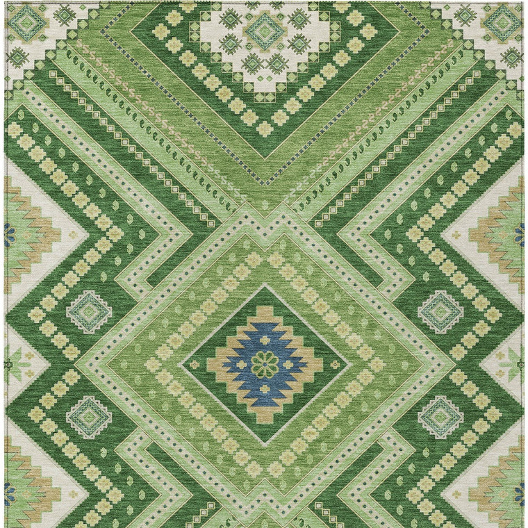 9' X 12' Green Ivory And Beige Tribal Washable Indoor Outdoor Area Rug