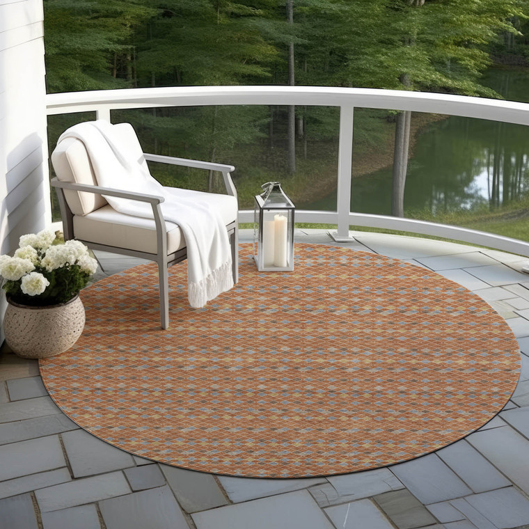 8' Orange And Taupe Round Striped Washable Indoor Outdoor Area Rug