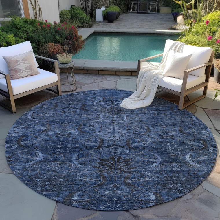 8' Navy Blue And Charcoal Round Damask Washable Indoor Outdoor Area Rug