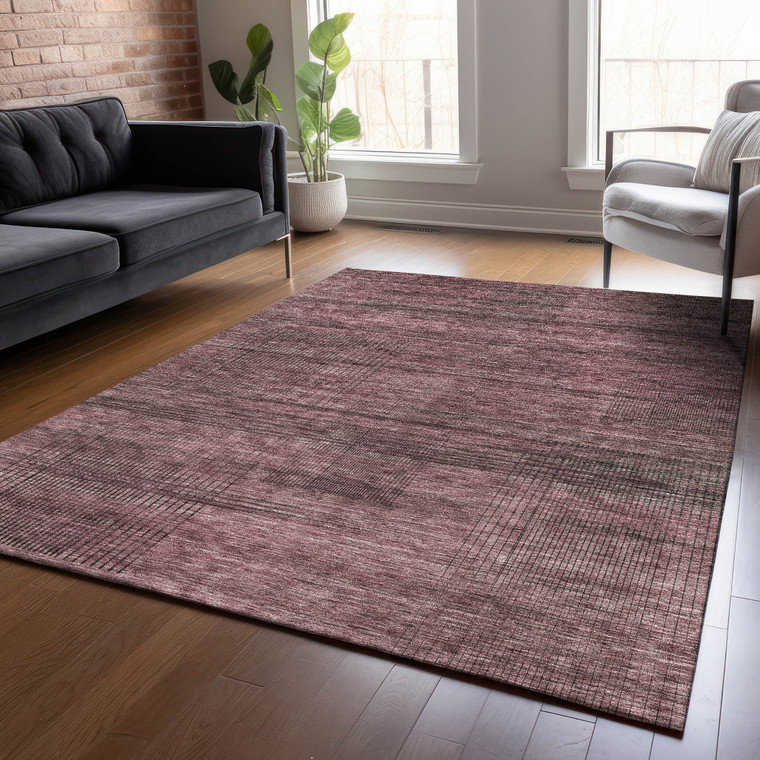 8' X 10' Merlot And Gray Striped Washable Indoor Outdoor Area Rug