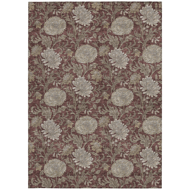 10' X 14' Merlot Taupe And Beige Floral Washable Indoor Outdoor Area Rug