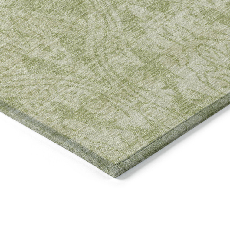 9' X 12' Artichoke Green And Beige Damask Washable Indoor Outdoor Area Rug