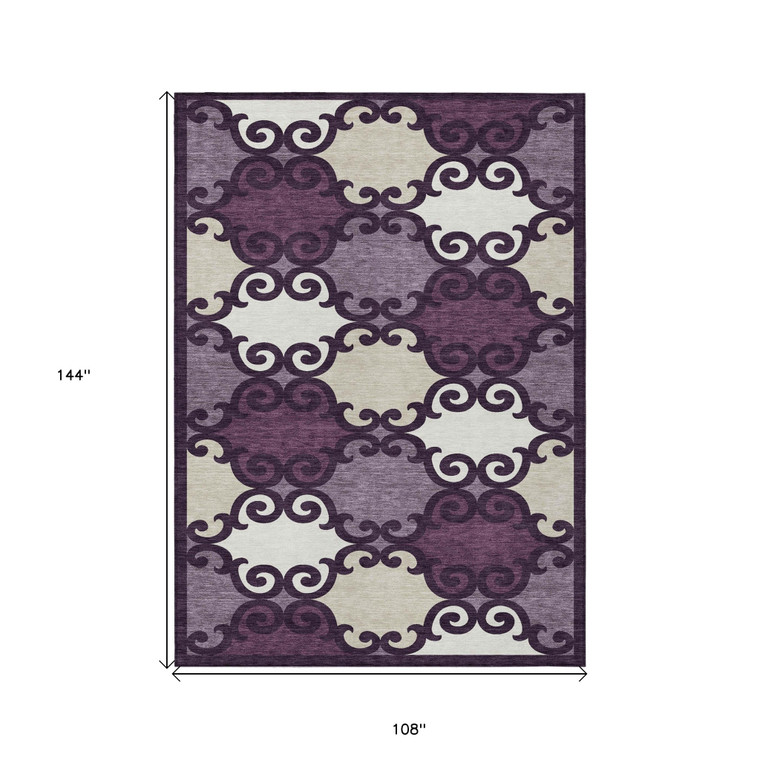 9' X 12' Eggplant And Ivory Trellis Washable Indoor Outdoor Area Rug