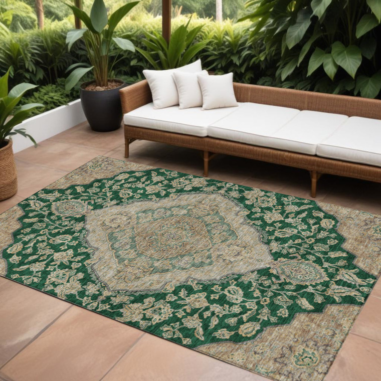 10' X 14' Emerald Beige And Brown Oriental Washable Indoor Outdoor Area Rug