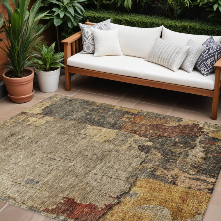 10' X 14' Khaki Charcoal And Terra Cotta Abstract Washable Indoor Outdoor Area Rug