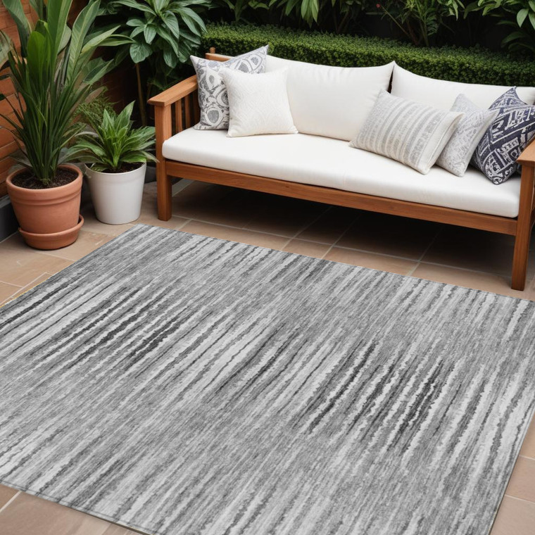 10' X 14' Silver Gray And Charcoal Striped Washable Indoor Outdoor Area Rug