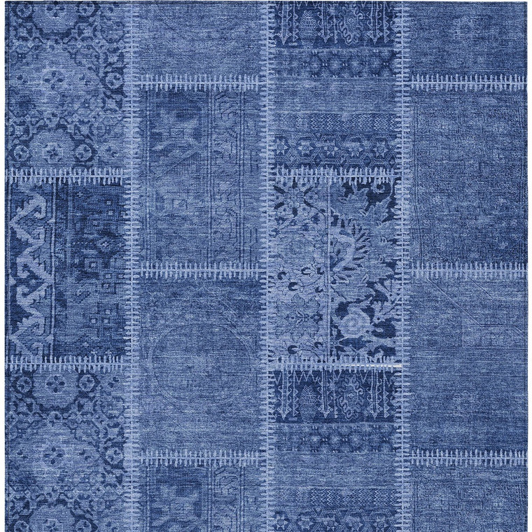 10' X 14' Navy Blue And Denim Blue Patchwork Washable Indoor Outdoor Area Rug
