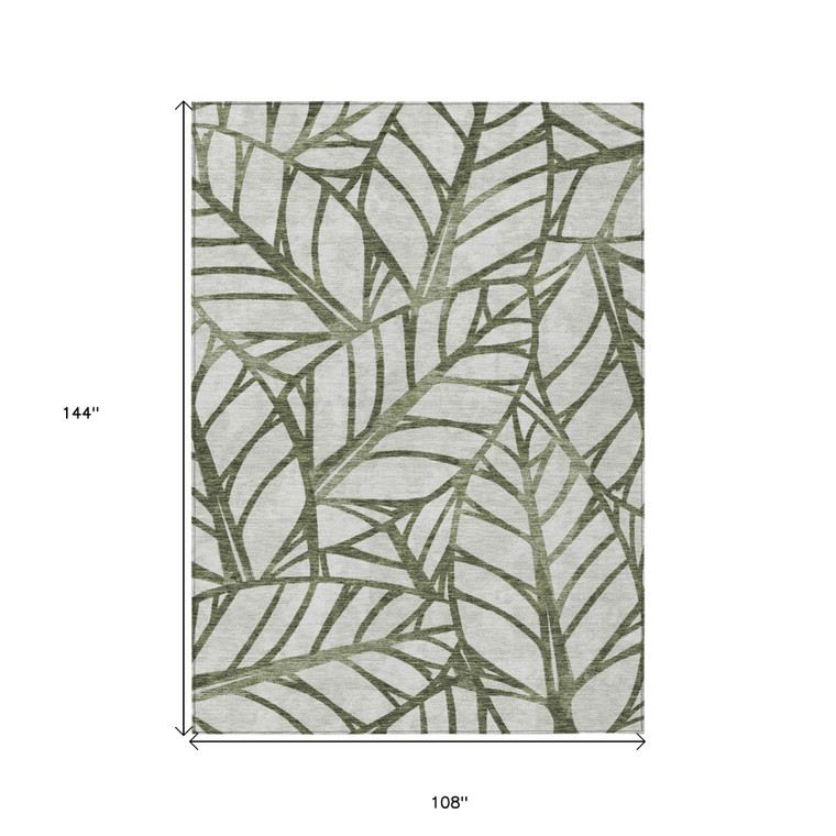 9' X 12' Olive Green And Beige Floral Washable Indoor Outdoor Area Rug