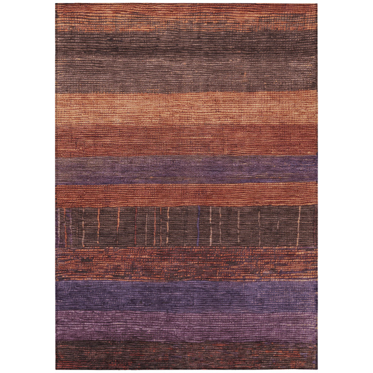 9' X 12' Orange Copper And Purple Striped Washable Indoor Outdoor Area Rug