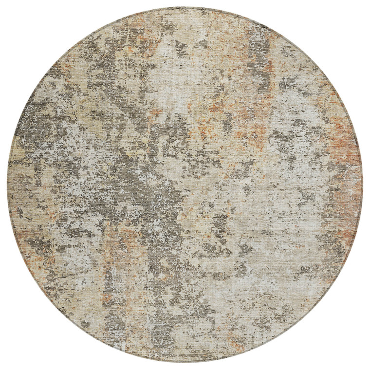 8' Terra Cotta Beige And Dark Gray Round Abstract Washable Indoor Outdoor Area Rug