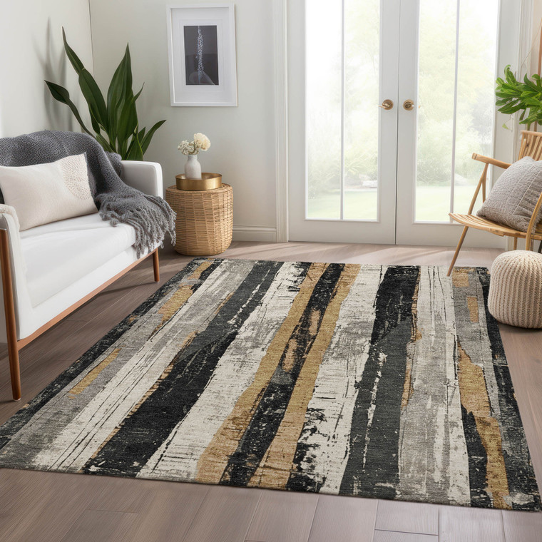 8' X 10' Taupe And Gold Striped Washable Indoor Outdoor Area Rug