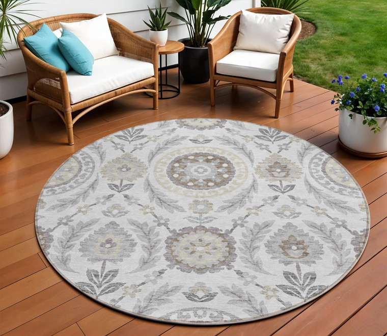 8' Silver Gray And Taupe Round Floral Washable Indoor Outdoor Area Rug