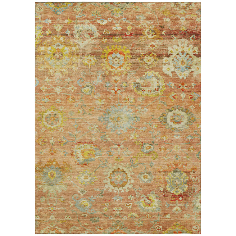 8' X 10' Coral Blue And Green Floral Washable Indoor Outdoor Area Rug