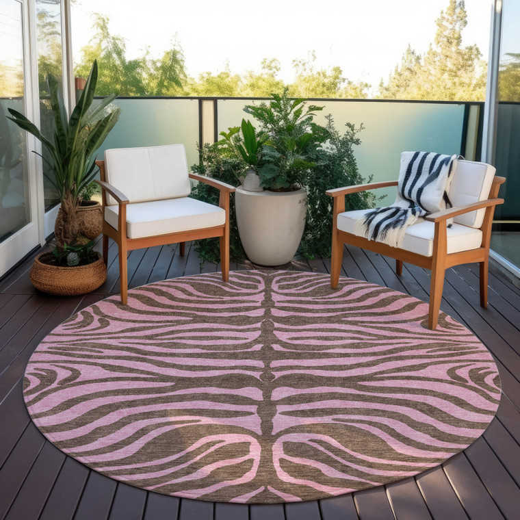 8' Brown And Pink Round Animal Print Washable Indoor Outdoor Area Rug