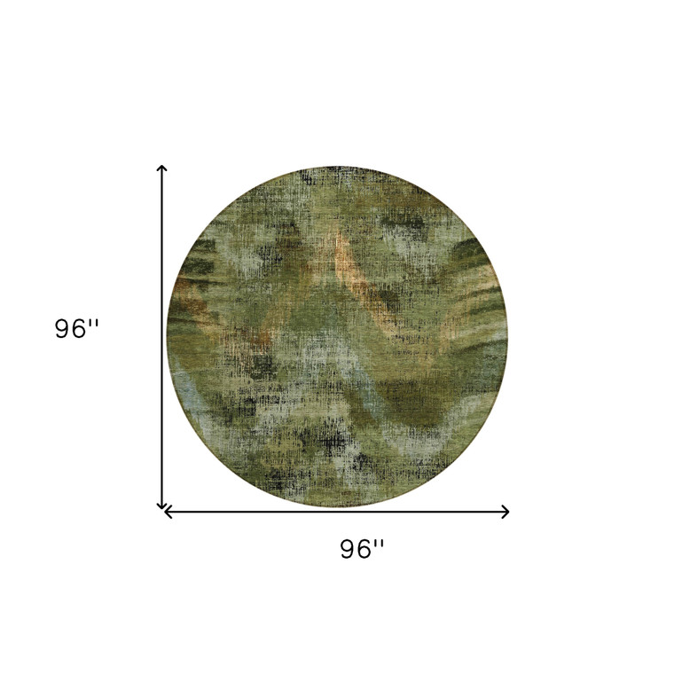 8' Olive Green And Gold Round Abstract Washable Indoor Outdoor Area Rug