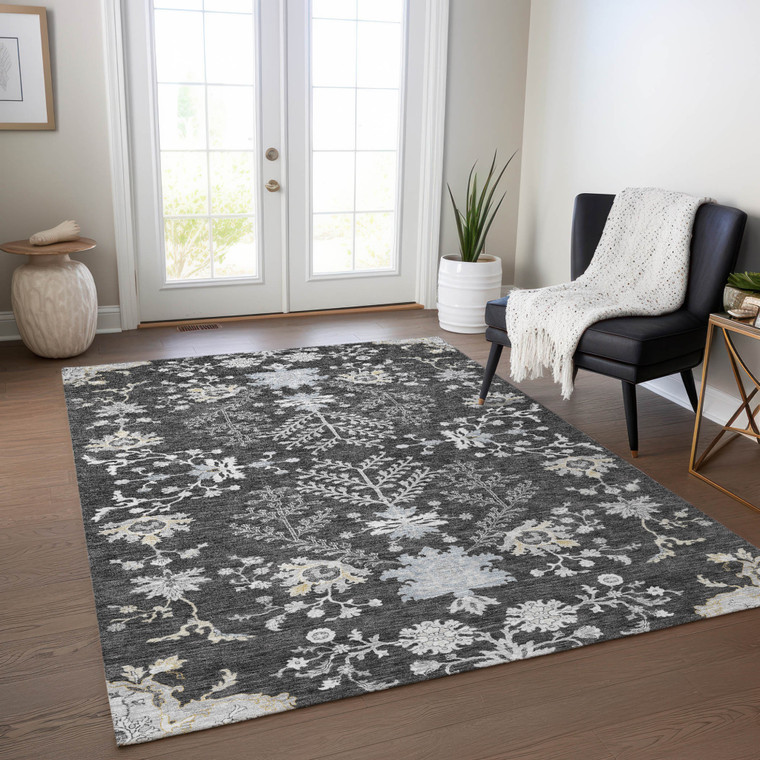8' X 10' Charcoal Gray And Beige Floral Washable Indoor Outdoor Area Rug