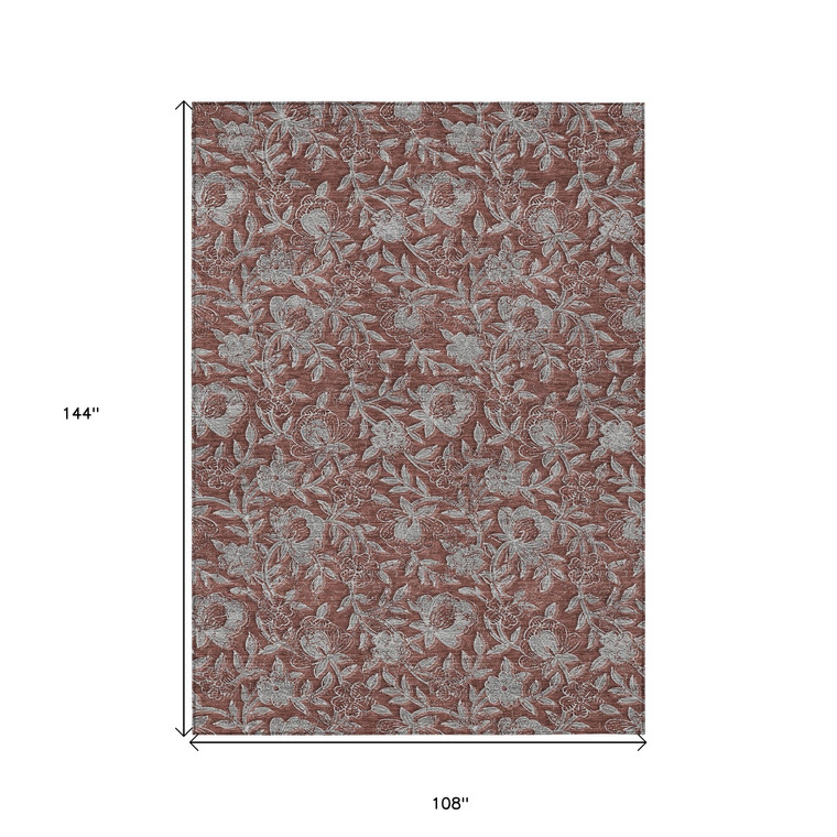 9' X 12' Orange Gray And Silver Floral Washable Indoor Outdoor Area Rug