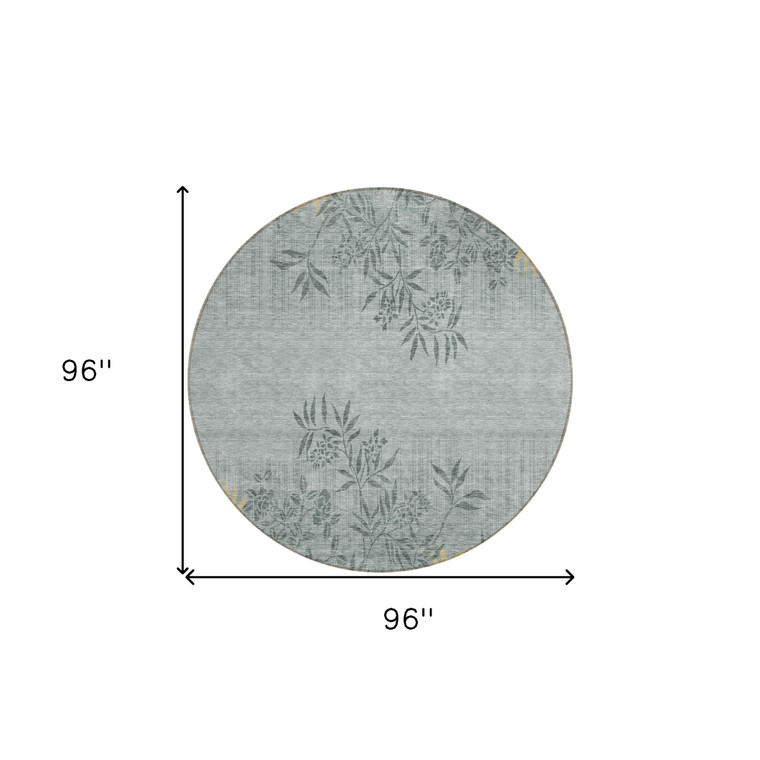 8' Gray Charcoal And Gold Round Floral Washable Indoor Outdoor Area Rug