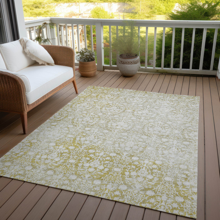 8' X 10' Gold Damask Washable Indoor Outdoor Area Rug