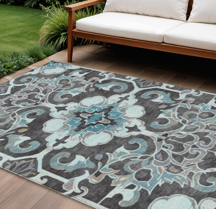 8' X 10' Teal Blue And Charcoal Damask Washable Indoor Outdoor Area Rug