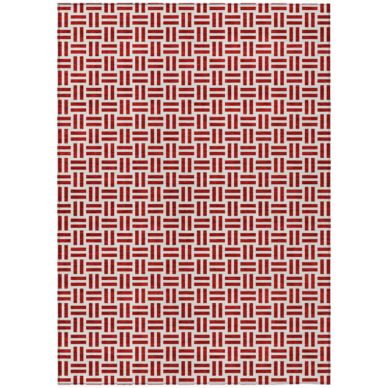 9' X 12' Red And Ivory Geometric Washable Indoor Outdoor Area Rug - Red, Ivory