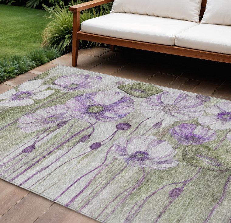 9' X 12' Purple And Lavender Floral Washable Indoor Outdoor Area Rug