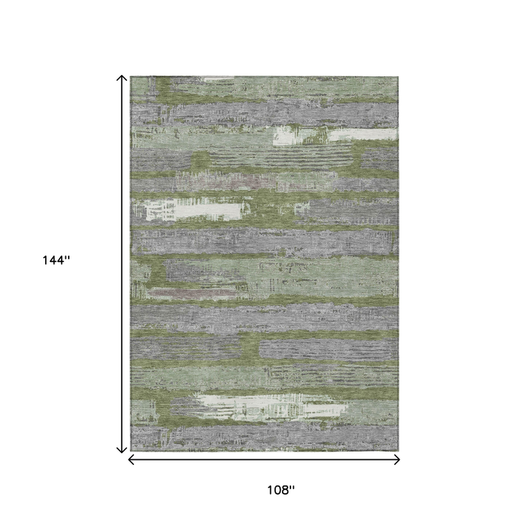 9' X 12' Olive Green Ivory And Blue Striped Washable Indoor Outdoor Area Rug