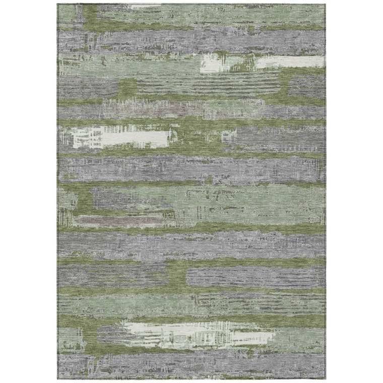 9' X 12' Olive Green Ivory And Blue Striped Washable Indoor Outdoor Area Rug