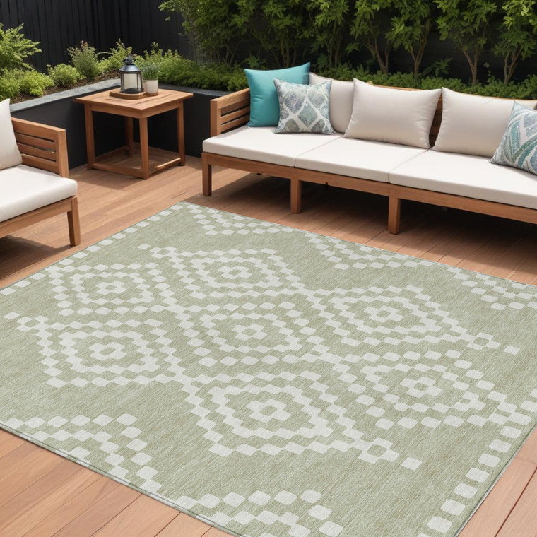 9' X 12' Artichoke Green And Ivory Geometric Washable Indoor Outdoor Area Rug Transitional Style - Artichoke Green, Ivory Color