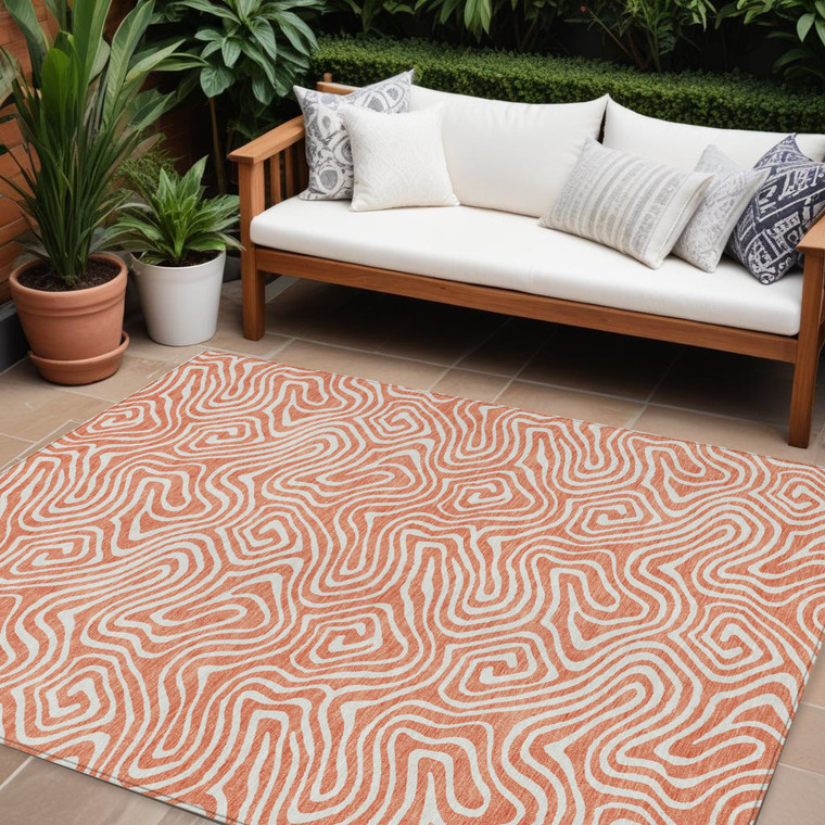 10' X 14' Salmon And Ivory Abstract Washable Indoor Outdoor Area Rug - 880016631432