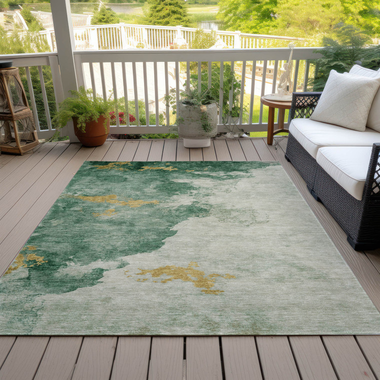 10' X 14' Emerald And Gold Abstract Washable Indoor Outdoor Area Rug