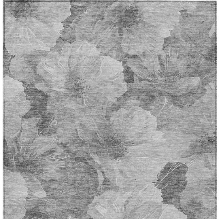 8' X 10' Gray And Charcoal Floral Washable Indoor Outdoor Area Rug - Gray, Silver