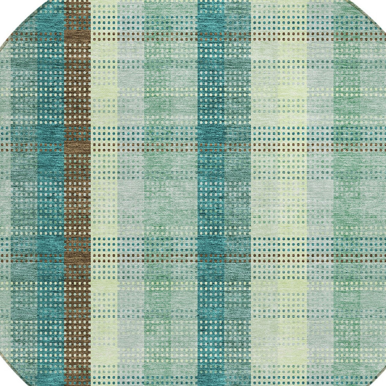 8' Sage Mint Green And Teal Blue Round Plaid Washable Indoor Outdoor Area Rug