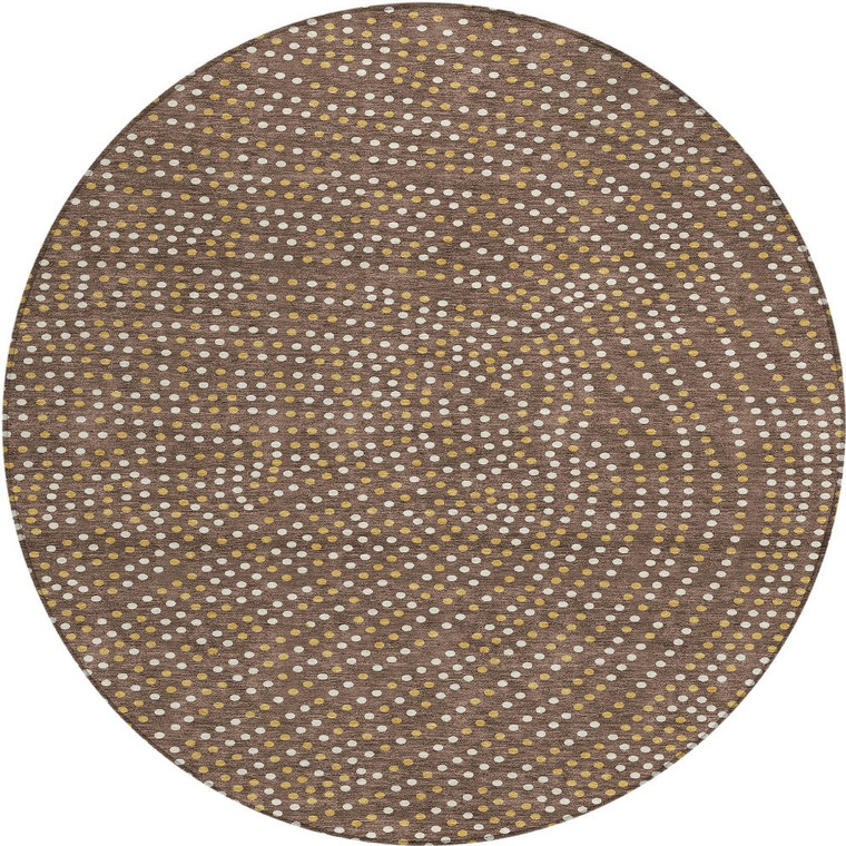 8' Brown Gold And Ivory Round Polka Dot Washable Indoor Outdoor Area Rug