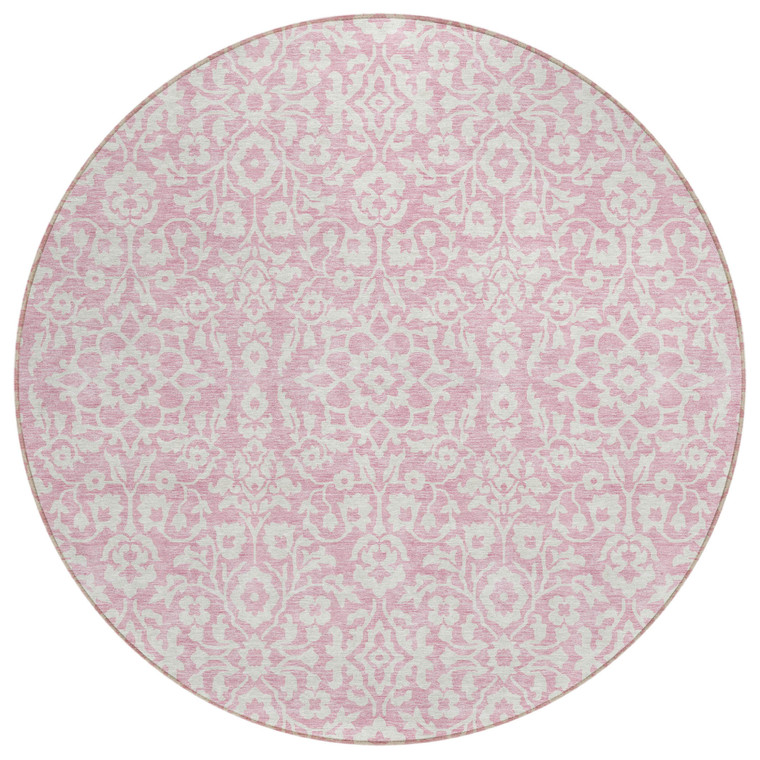 8' Pink And Ivory Round Damask Washable Indoor Outdoor Area Rug