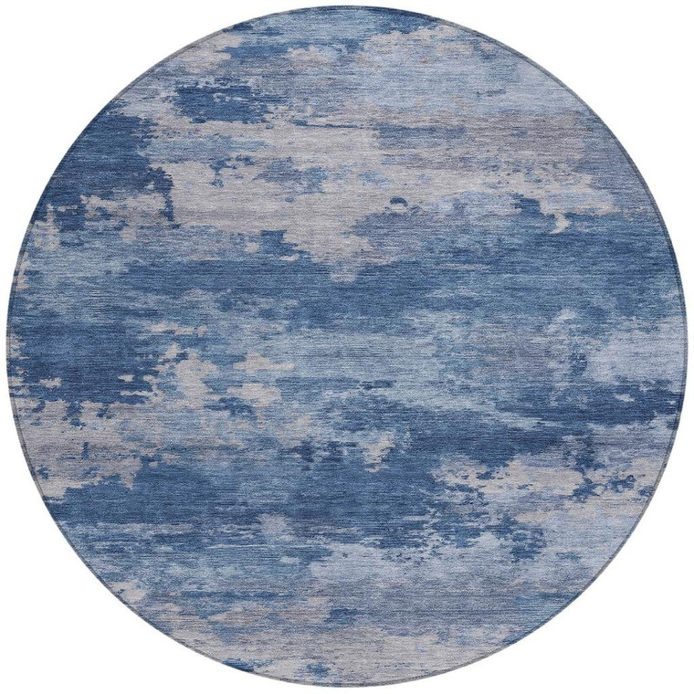 8' Navy Blue And Ivory Round Abstract Washable Indoor Outdoor Area Rug - Navy Blue, Ivory