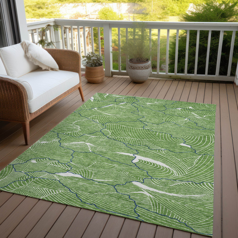 9' X 12' Green Blue And Ivory Abstract Washable Indoor Outdoor Area Rug