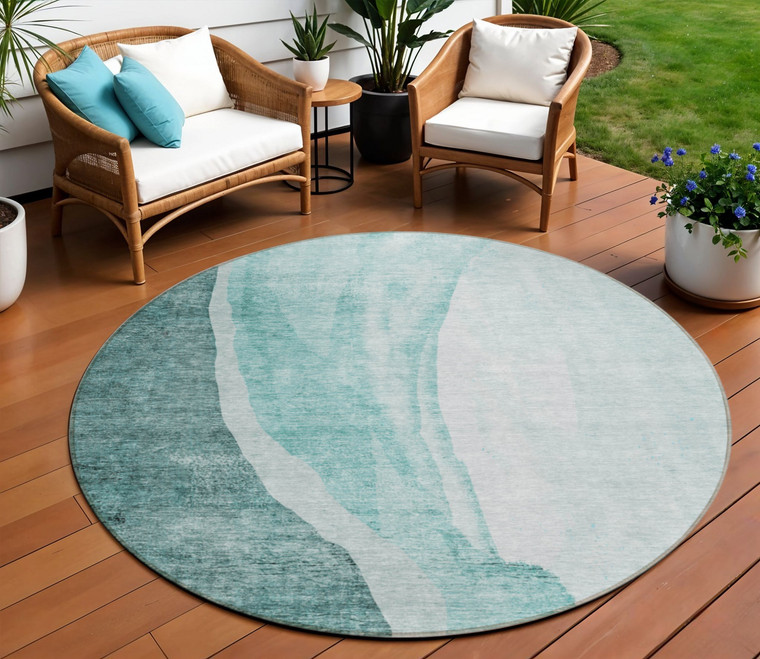8' Teal Blue Aqua And Mint Green Round Abstract Washable Indoor Outdoor Area Rug