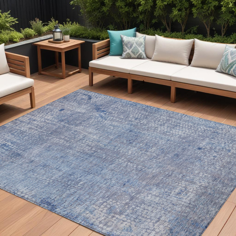 9' X 12' Blue And Ivory Abstract Washable Indoor Outdoor Area Rug - Blue, Ivory