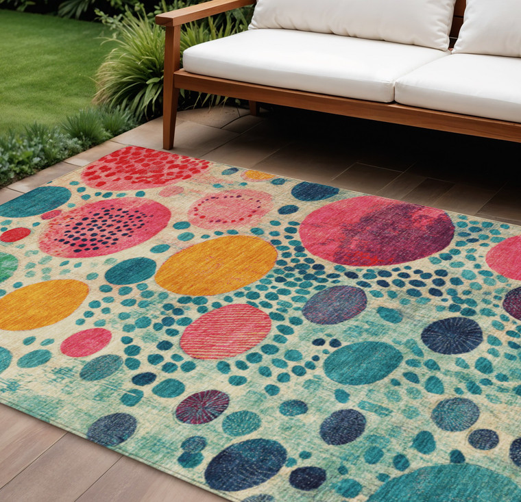 10' X 14' Teal Blue Pink And Orange Geometric Washable Indoor Outdoor Area Rug