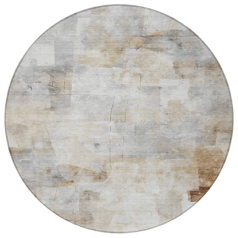 8' Beige Gray And Khaki Round Abstract Washable Indoor Outdoor Area Rug