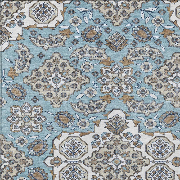 10' X 14' Sky Blue Taupe And Ivory Medallion Washable Indoor Outdoor Area Rug