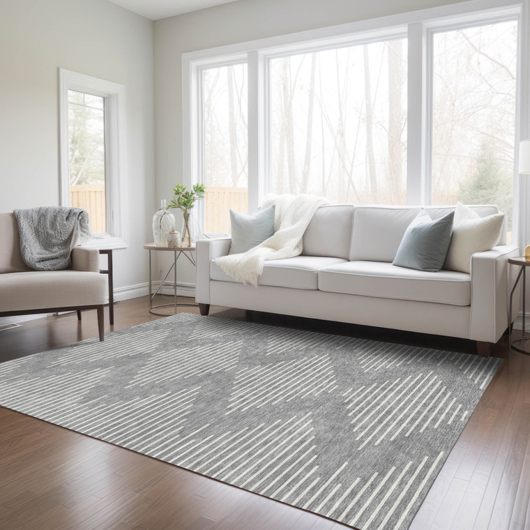 9' X 12' Gray And Ivory Geometric Washable Indoor Outdoor Area Rug Transitional Style - Gray, Ivory Color
