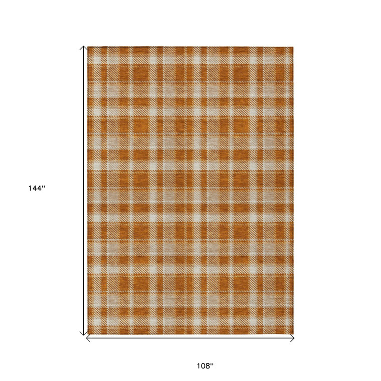9' X 12' Orange And Ivory Plaid Washable Indoor Outdoor Area Rug