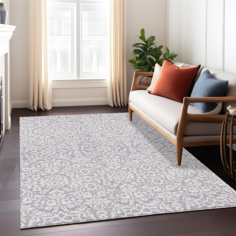 9' X 12' Lavender And Ivory Damask Washable Indoor Outdoor Area Rug
