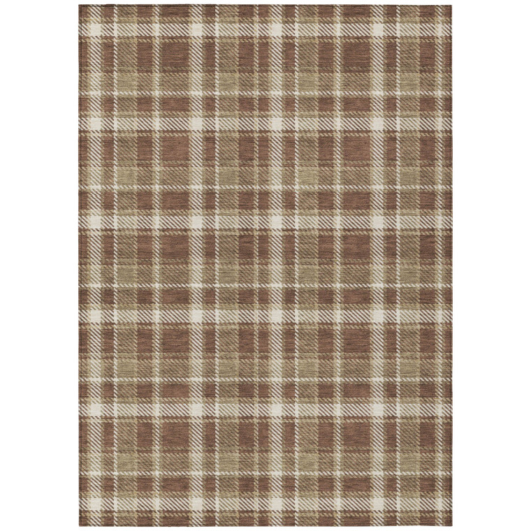 9' X 12' Chocolate and Ivory Plaid Washable Non Skid Indoor Outdoor Area Rug
