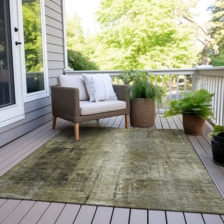 9' X 12' Olive Green And Ivory Abstract Washable Indoor Outdoor Area Rug - Olive Green, Ivory